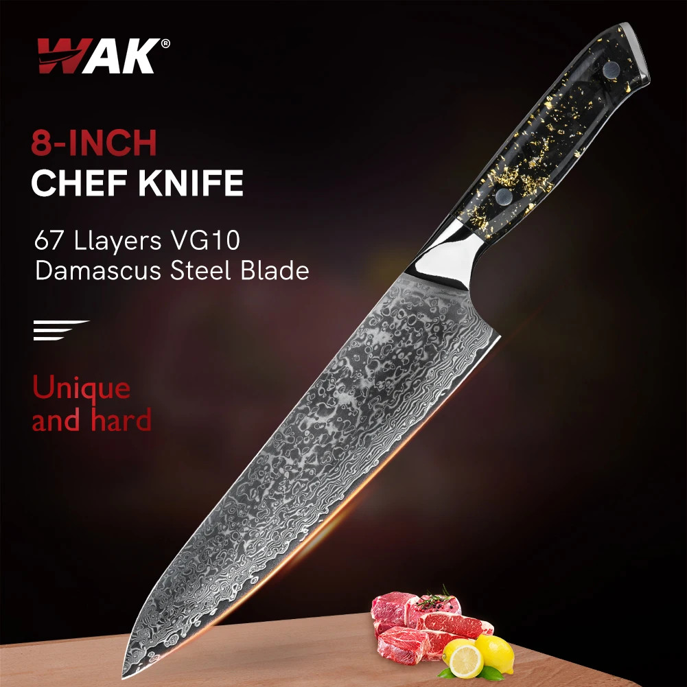 WAK 8\'\' 67 Layers High Carbon VG10 Damascus Steel Blade Chef Knife Kitchen Cooking Tools Creative Full Tange Acrylic Handle