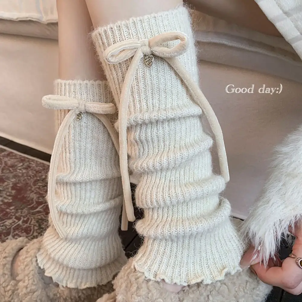 

Solid Color Leg Warmers Bowknot Decoration Warm Foot Cover Middle Tube Socks Thickened Knitted Foot Cover Cold Weather
