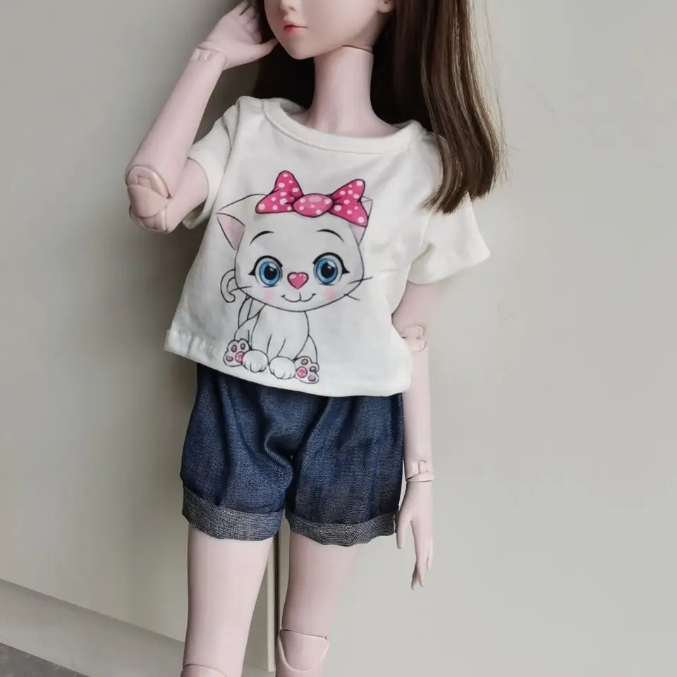 Mode Pop Accessoires 60Cm Poppenkleding Voor 1/3 Bjd Pop Kat Halve Mouwen Denim Short Kleding Top Diy Girl Verkleedspeelgoed