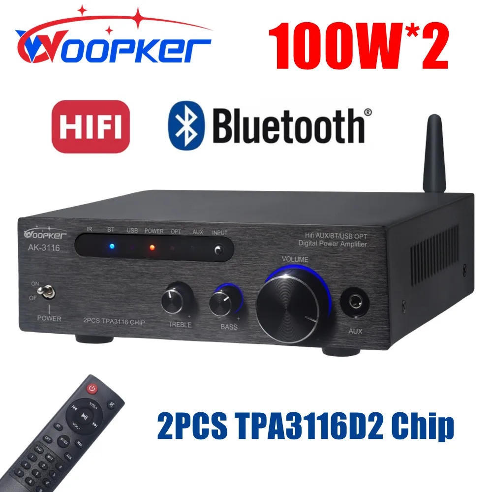 

Woopker TPA3116D2*2 Subwoofer Bluetooth Amplifier AK-3116 100W*2 HiFi 2.0 Digital Audio Power Amplifiers Class D Amp Bass Treble