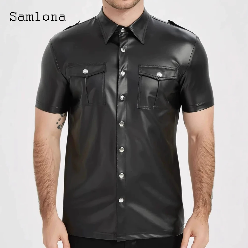Men Short Sleeve Faux Pu Leather Shirt Sexy Night Club Dance Tops Silver Gold Erotic Blouse Mens Fashion Rock Style Shirts Homme