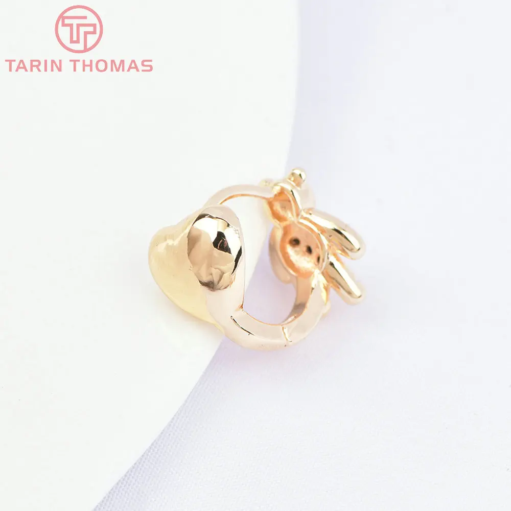 (6863) 4PCS 15x13MM 24K Gold Color Brass with Zircon Double Sided Little Bear Heart Earring Clasp DIY Jewelry Making Findings