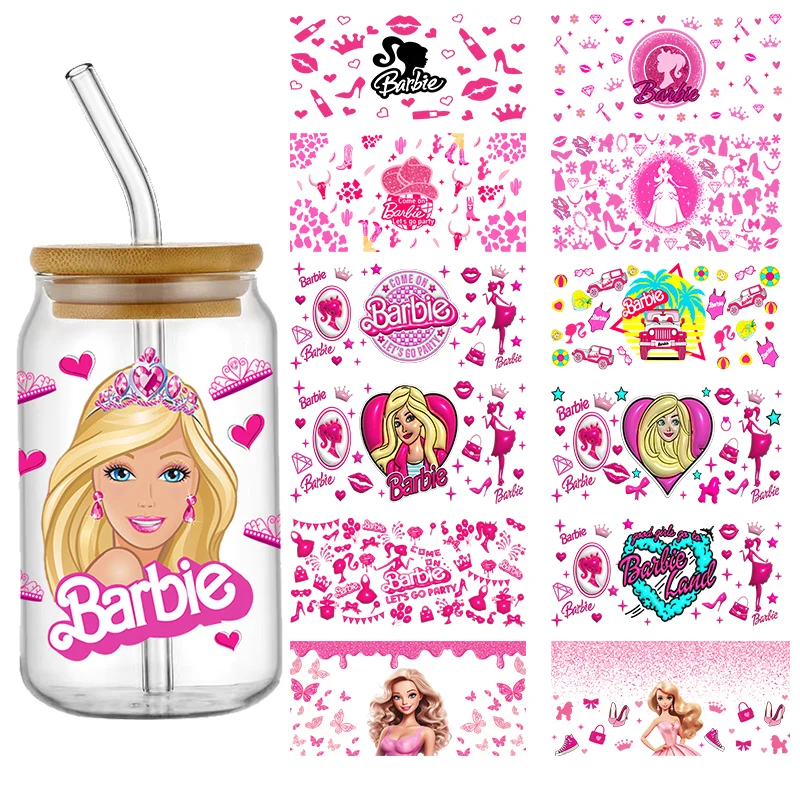 Cartoon 16OZ Barbie Girl UV DTF Cup Wraps Transfer Sticker For Glass Libbey Can Bottle Selfadhesive Washable DIY Custom