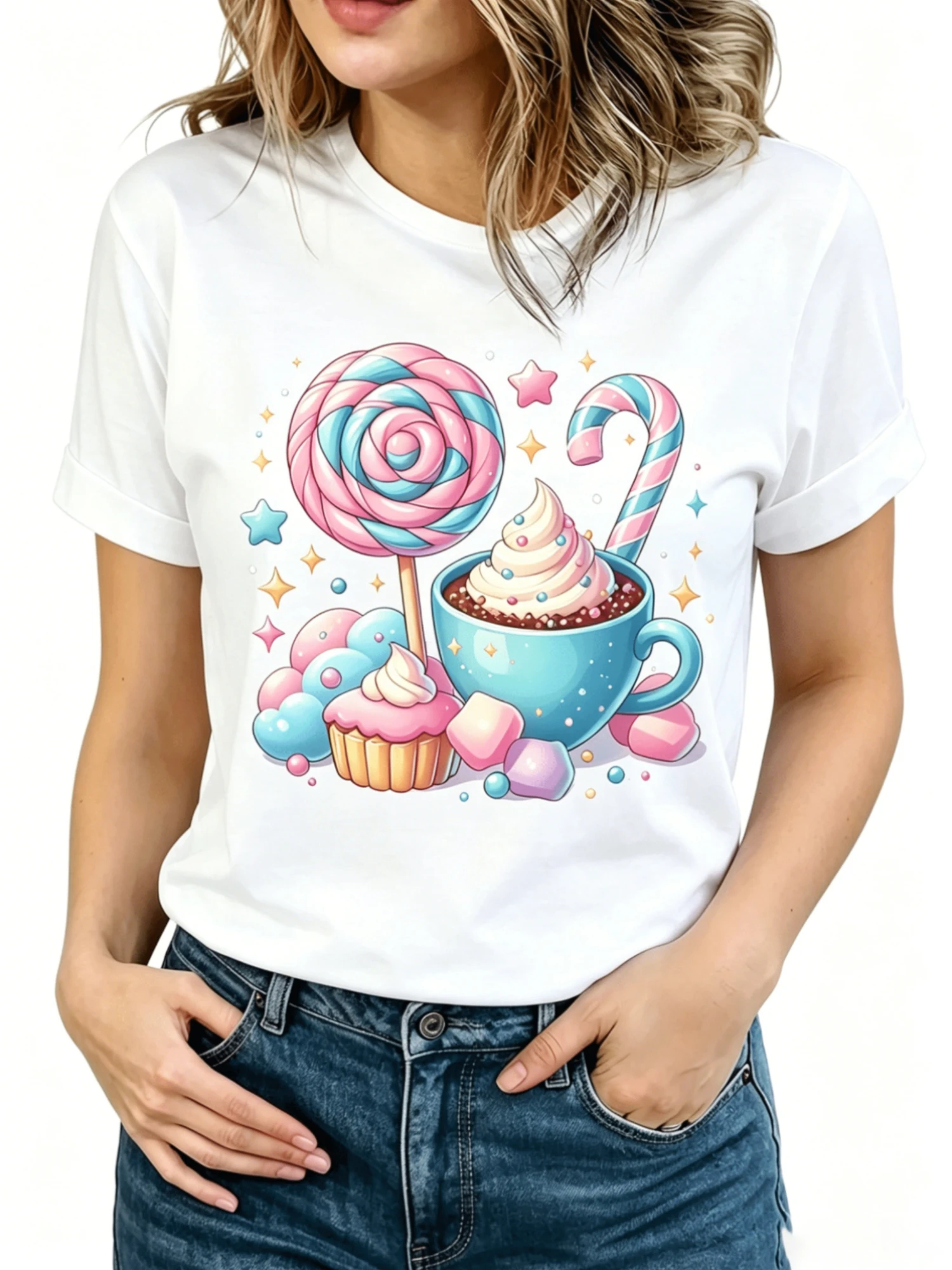 Women's Candy Theme Short Sleeve T-Shirt - Soft Cupcake and Lollipop Print with Sprinkles, Pastel Blue Sweet Design, Round Neck Casual Summer Top, Suitable for Theme Parties and Daily Wear, Machi