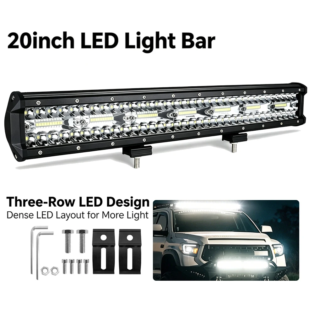 Barra luminosa a LED da 20 pollici, faretto da lavoro a LED con fascio di luce combinato a tre file, adatto a tutti i tipi di terreno, fuoristrada, trattori, camion, SUV, quad, batteria non inclusa.
