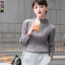 Miyake Pleated Half-high Neck Long-sleeved Women's T-shirt Slim Inner Head Set Classic Solid Bottoming Shirt Top 2025 Autumn New