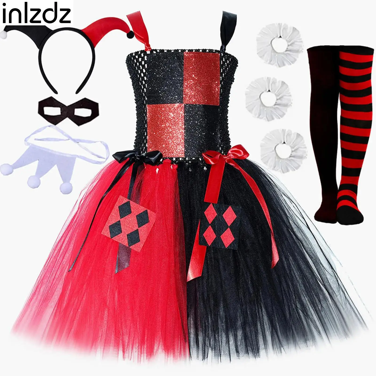 

Girls Clown Cosplay Costume Set Adjustable Straps Stretchy Puffy Dress with Accessories 6-piece Set for Halloween Birthday Party