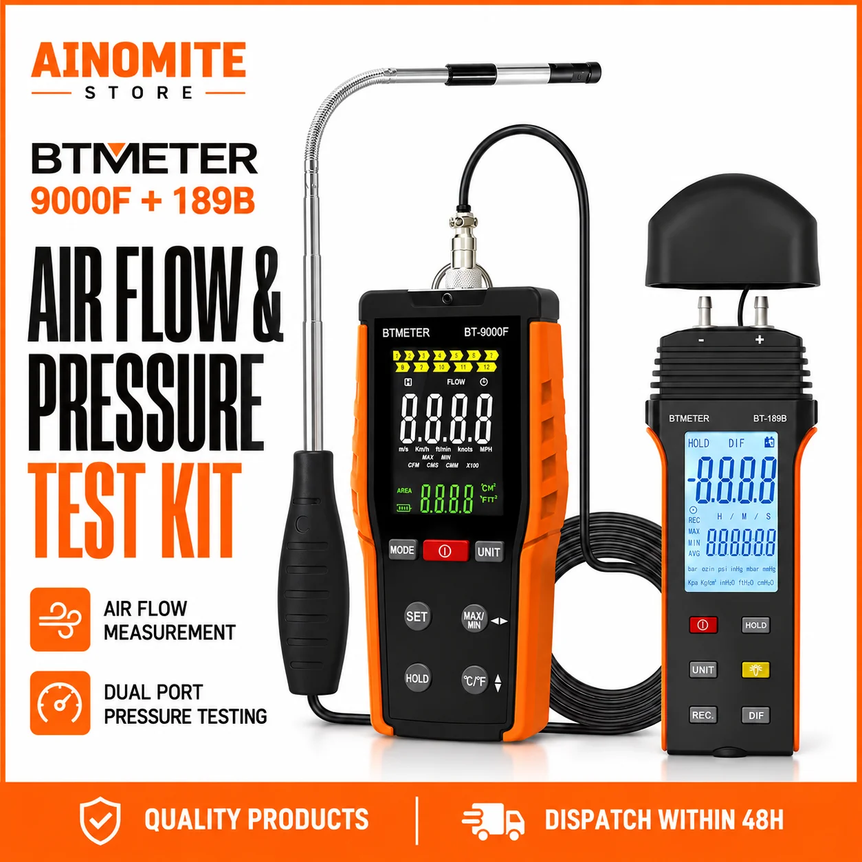 BTMETER Hot Wire Anemometer Manometer Kit, HVAC Airflow Gas Pressure Tester w/360° Swivel Probe LCD Backlight, 12 Units