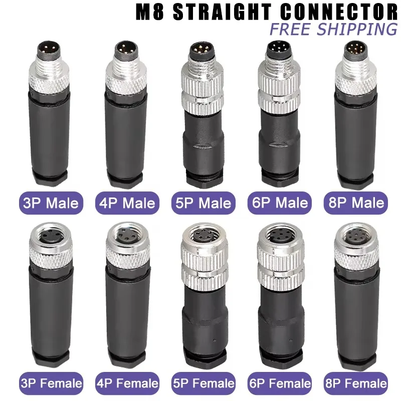 M8 Sensor Connector Screw Connection Metal A Code 3pin 4pin Non-welding 5pin 6pin 8pin Weld IP68 Straight Waterproof Connectors