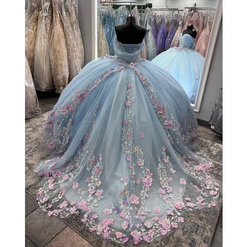 Sky Light Blue Princess Quinceanera Dresses Pink 3D Handmade Flowers Floral Appliques Lace Ball Gown Vestidos De XV Anos