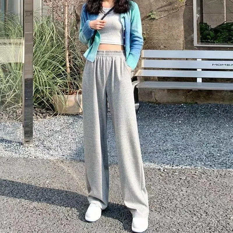 Trendy Grey Wide Leg Pants Women Summer Loose Versatile Korean Salt Style High Street Straight Trousers