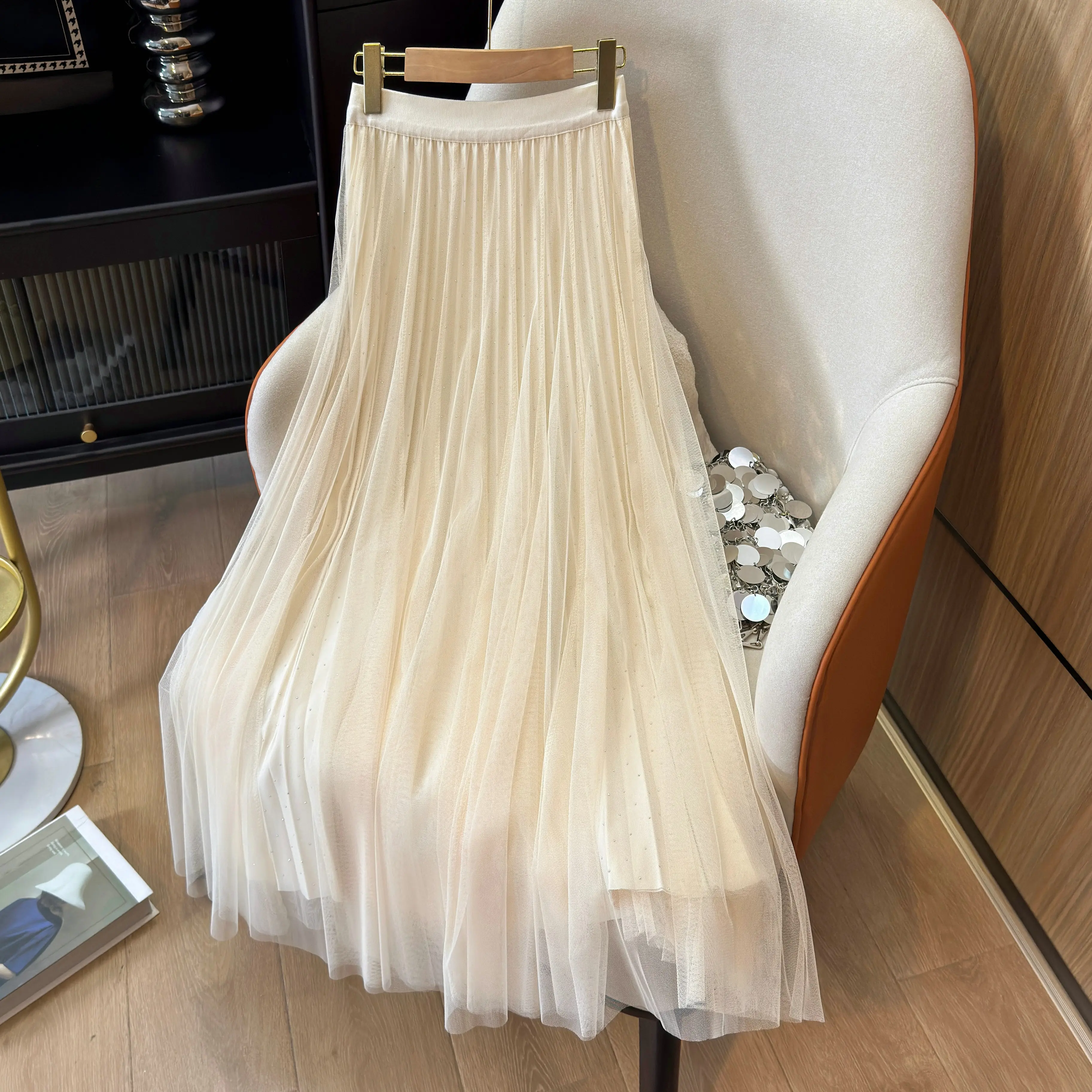 2025年夏新作　ホットダイヤモンドベルベットメッシュスプライシングスカート、ドレープハイウエストAラインプリーツミディアム丈ロングスカート