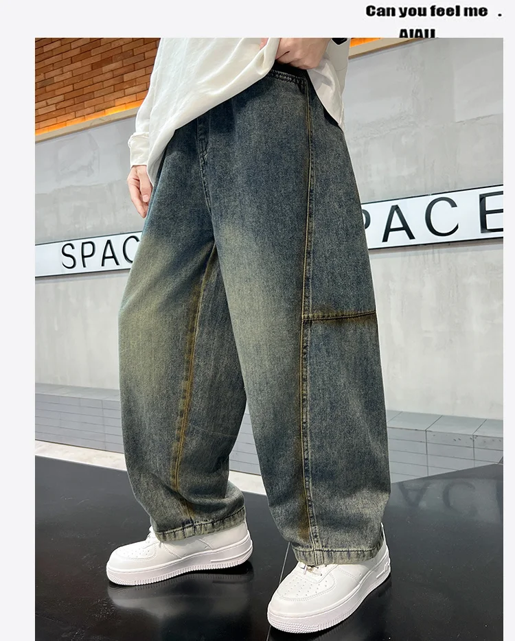 Amerikanische Kinder Retro Street Loose Fit Jeans für Jungen, Hochgeschnittene Casual Kinder Vintage Denim Hosen, Teenager Jeans 5-14 – Detail 8