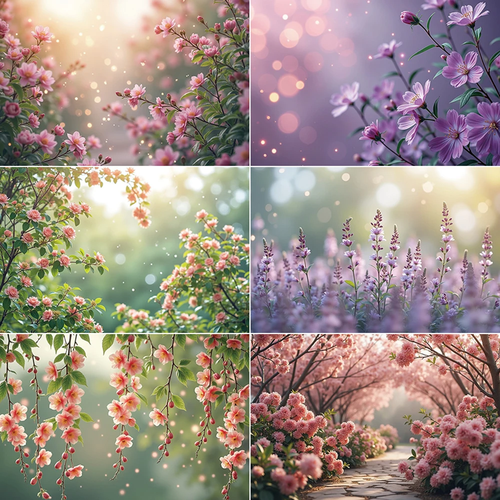 

MOON.QG Flower Field Backdrop Photography Natural Scenery Peach Blossom Spring Photocall Background Children Photo Studio Props