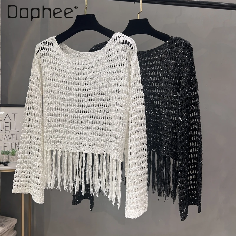 

Street Fashion Hollow Knitted Jumper Summer Korean Fringed Temperament Loose Slim Top Office Lady Sequined Knitted Sweater Women