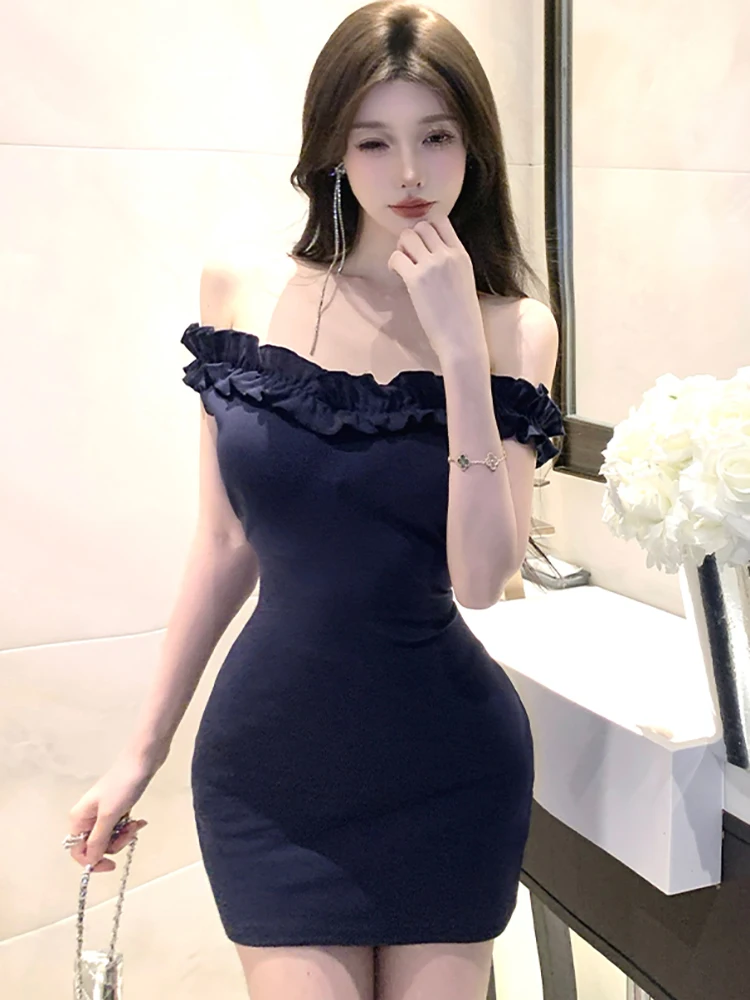 Kobiety Solid Bodycon Chic Ruffled Chest Wrapping Sexy Dress Summer Elegant Hip Wrap Dress 2025 Korean Vintage Festival Prom Dress