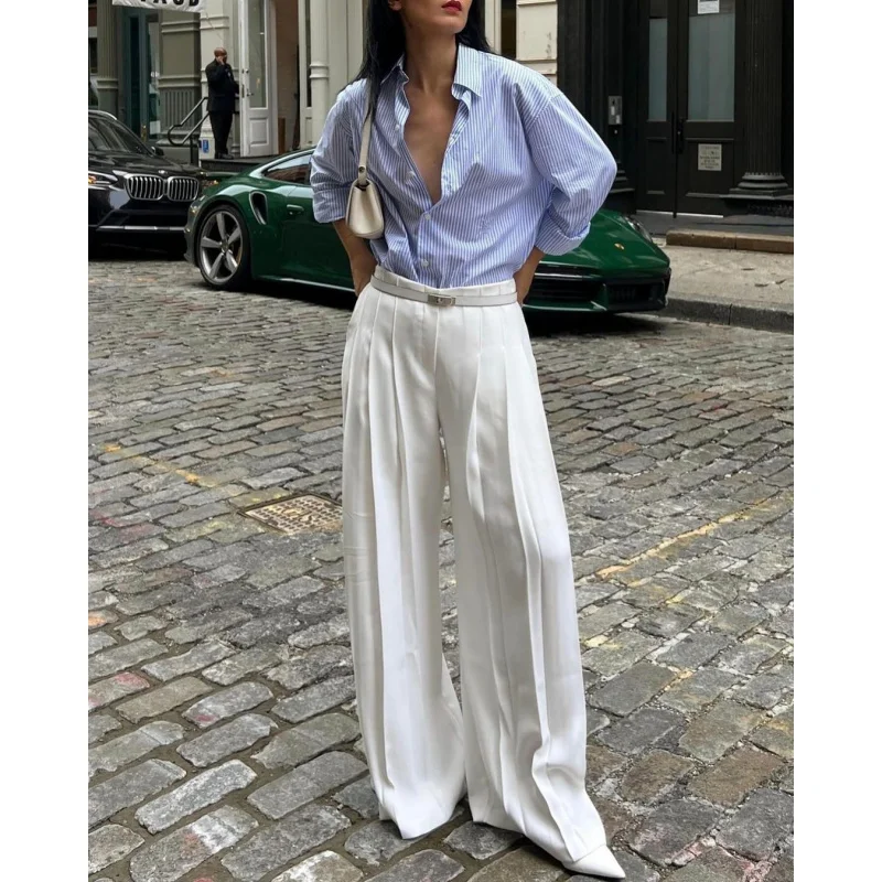 

2025Весенне-летняя мода, новый уличный стиль, драпированные широкие брюки длиной до пола, европейские и американские белые повседневные брюки с высокой талией