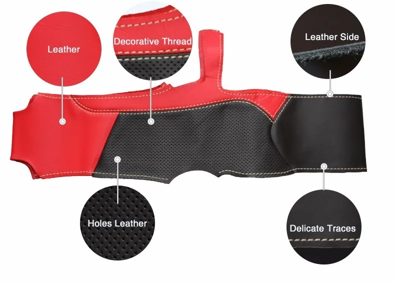 غطاء عجلة قيادة السيارة مصنوع يدويًا وغير قابل للانزلاق باللون الأسود والأحمر من الجلد الطبيعي لملحقات سيات ليون الداخلية