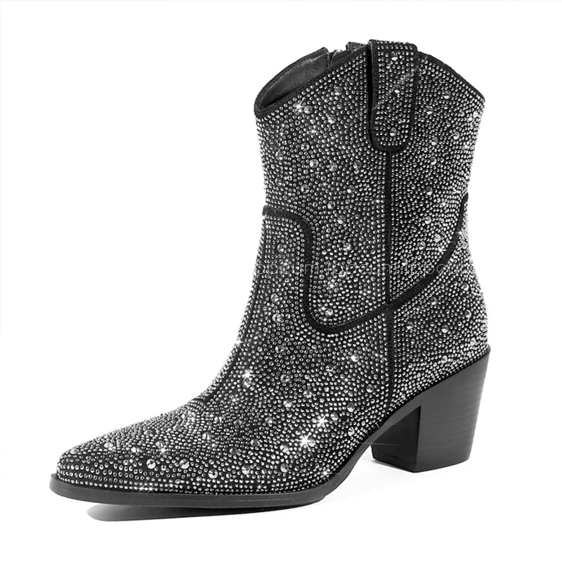 IPPEUM Rhinestone Boots Cowboy Women Black Ankle Design Chunky Heel Ponited Toe Size 43 New In Women\'s Western Boots