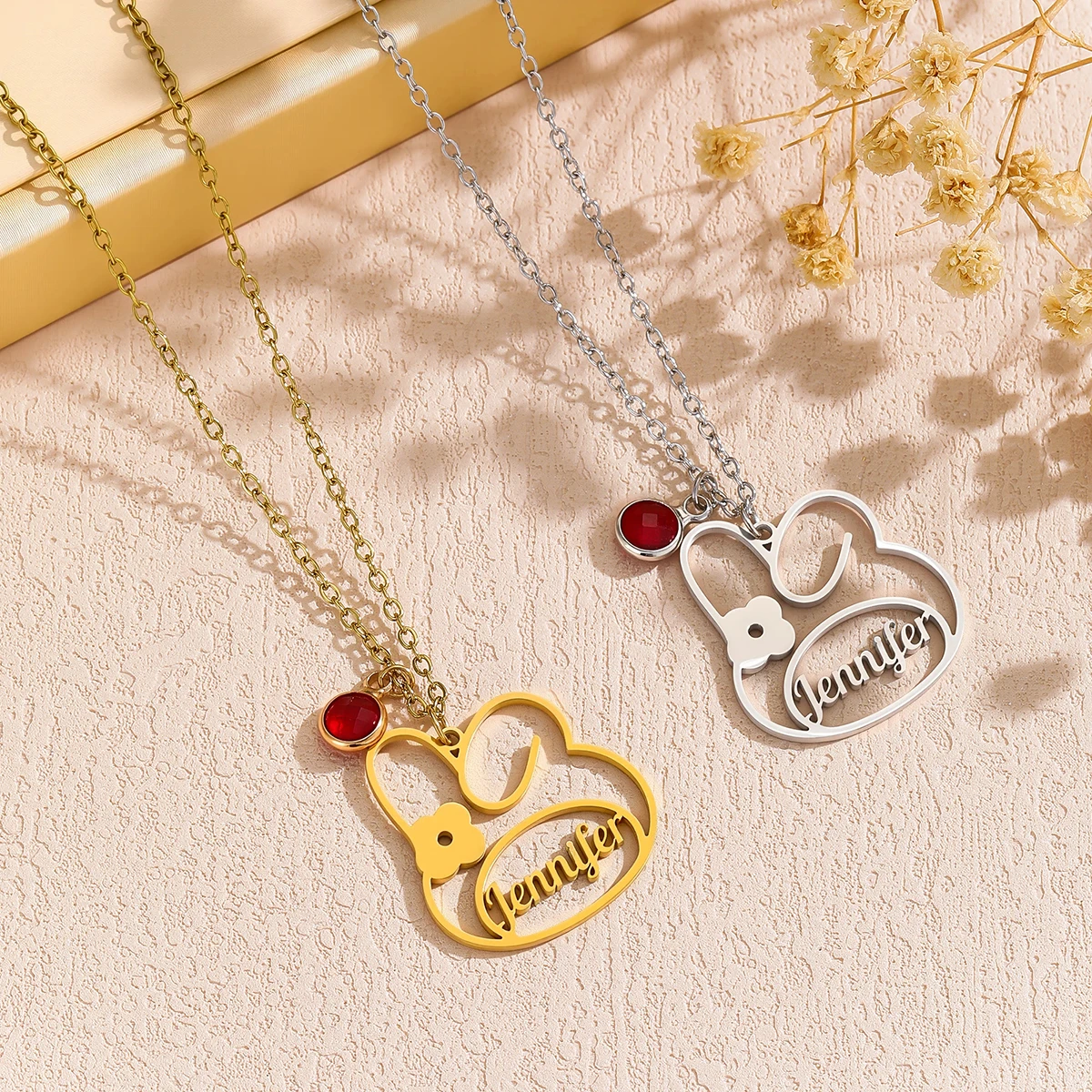 Ожерелье из нержавеющей стали с индивидуальными именами, подвеска с милым кроликом, персонализированные украшения для женщин, подарок на день Святого Валентина