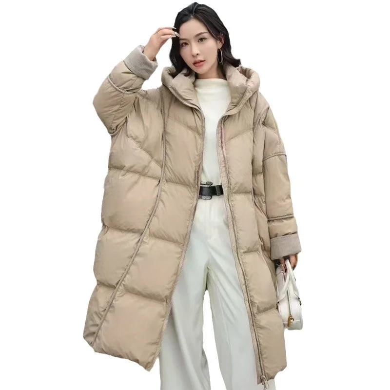 Halflange donsjas voor dames 2025, nieuwe winter, oversized, verdikte knielange capuchon, retro commuter-casual jas, trendy