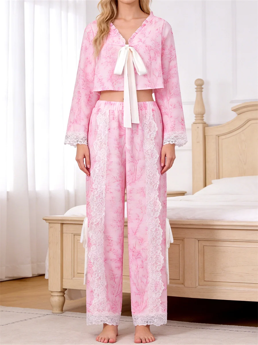 

Women’s Flower Printed Pajama Spring Fall Long Sleeve Front Bow V Neck Tops and Lace Loose Pants Two Piece Sets Loungewear