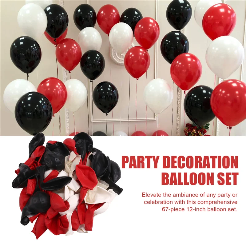 F-3C Red And Black Balloons, 67Pcs 12 Inch Black White Red Confetti Gathering Balloons With Ribbons For Birthday, Wedding