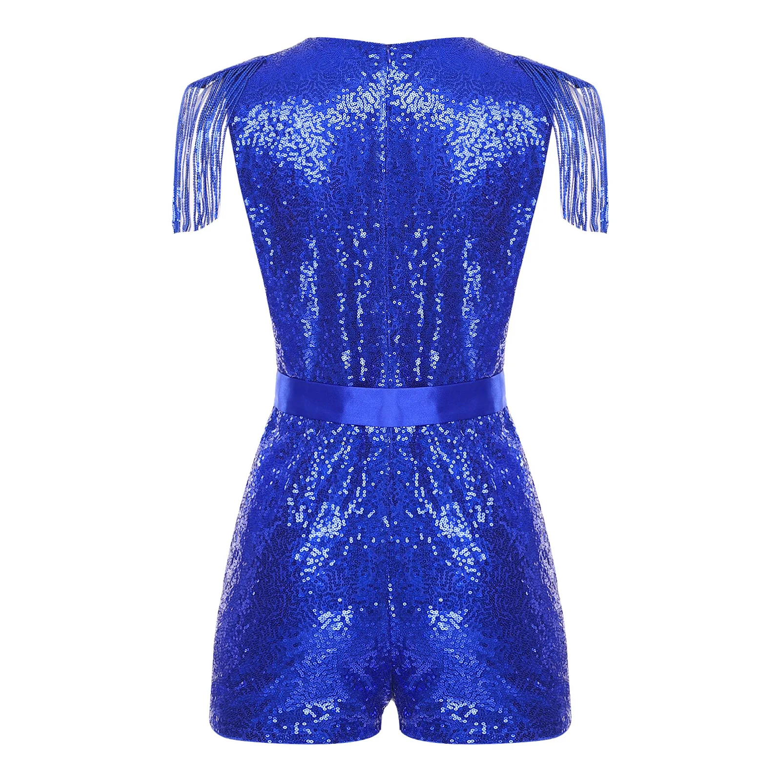 ثوب فضفاض نسائي لامع مزين بالترتر وفتحة رقبة على شكل V عميقة بدون أكمام بطول الفخذ مع حزام قابل للتعديل لحفلات الزفاف والولائم