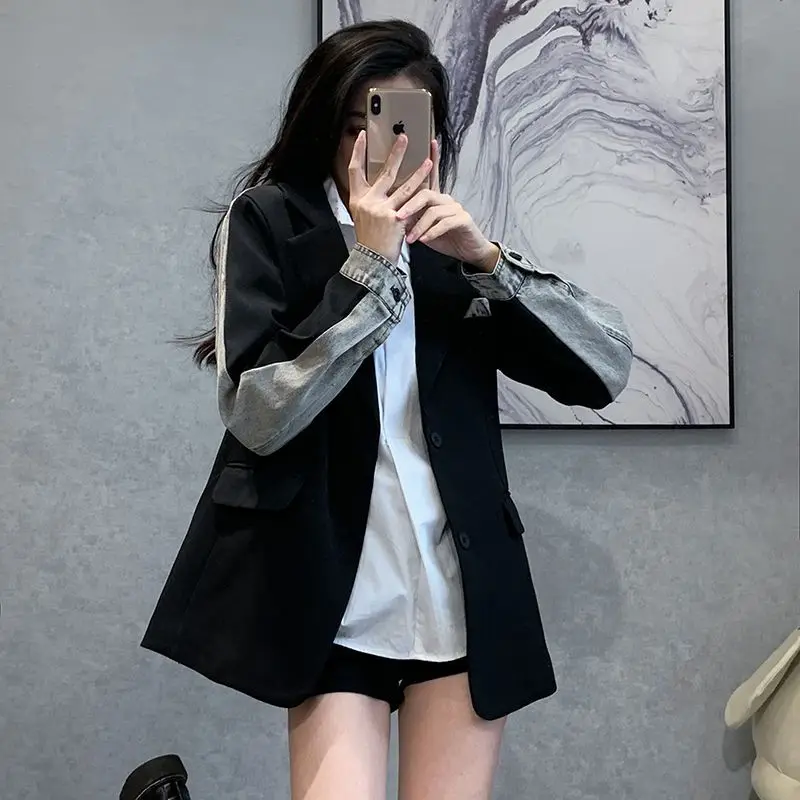 2023 Spring Autumn Denim Patchwork Black Suit Jacket Women's New Fashion Slim Small Suit Coat Elegant Tailored Coat LJ6004