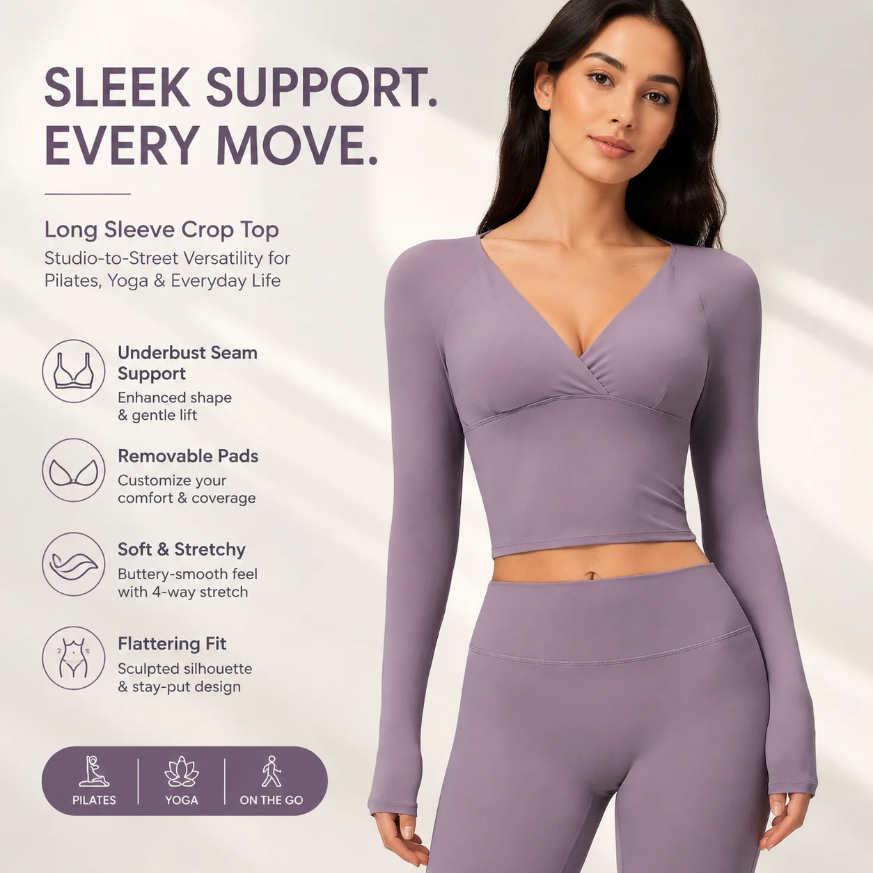 Sleek Long Sleeve Workout Crop Top with Underbust Seam Support Removable Pads Soft Stretch Studio-to-Street Shirt for Pilates Yo