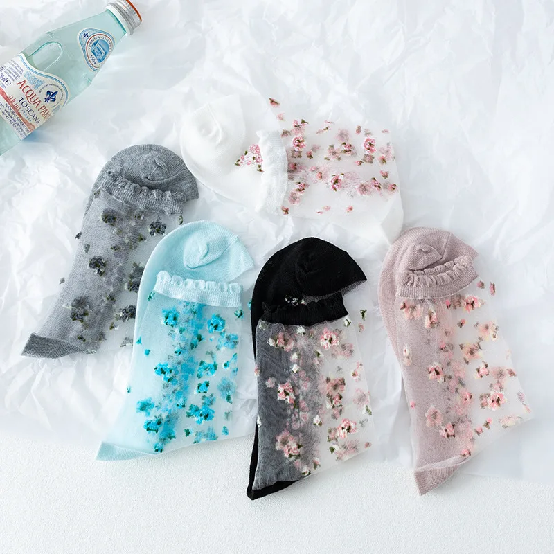 5/10 Pairs Women's Multi-Color Crew Socks, Summer Thin Transparent Ruffle Lace Design Comfortable Moisture-Wicking