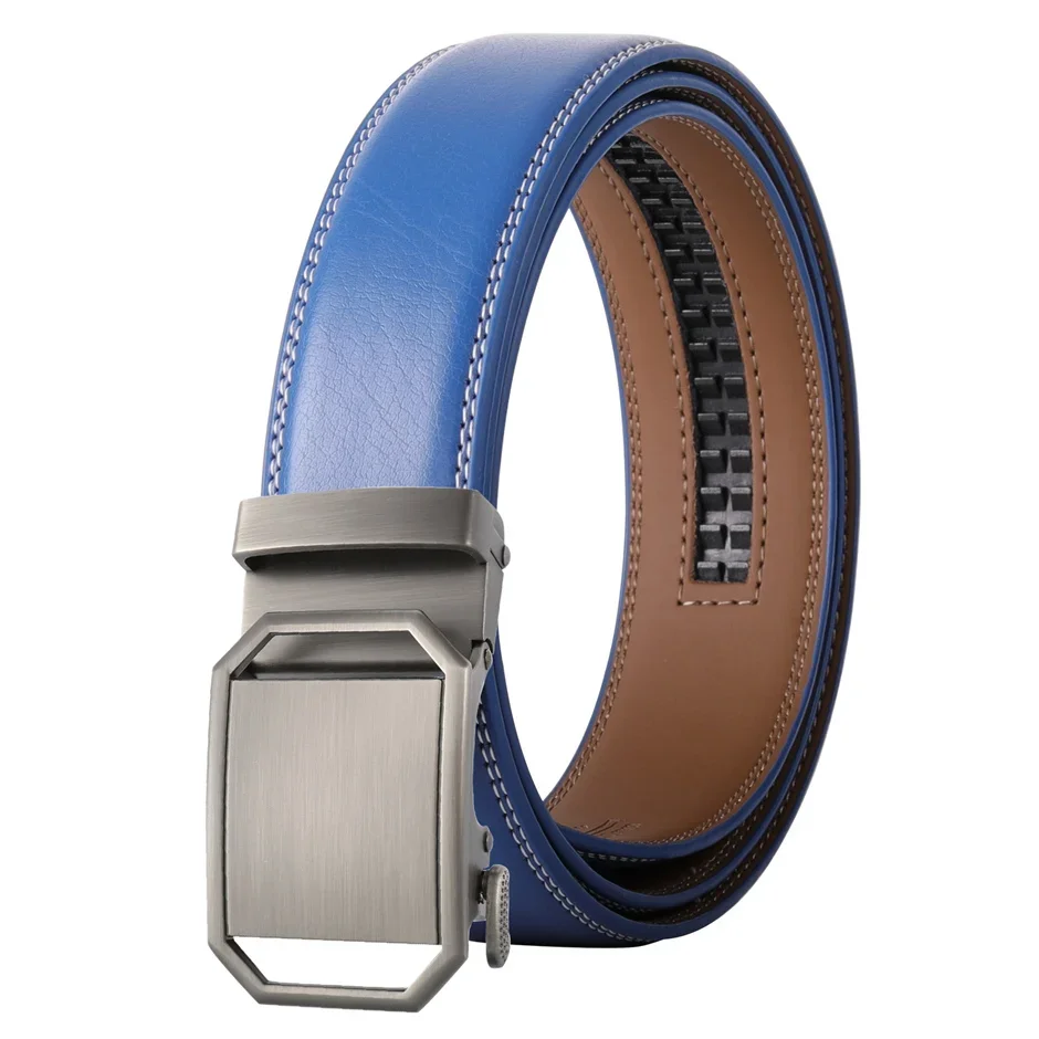 Sky Blue Leather Belt For Men Good Quality Men's Belts Automatic Buckle Ratchet Waist Straps Casual Leisure Wedding Gift B611