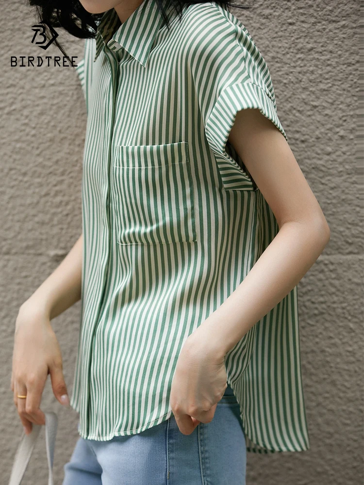 

BirdTree,Women Short Sleeve Lapel Striped,Commute Casual Blouse,19MM 90.6%Mulberry Silk Elegant Shirt,2024 Summer T45075QC