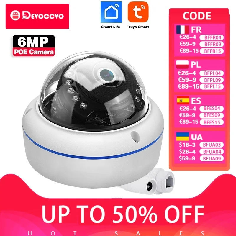 

Купольная IP-камера Tuya 5MP POE с аудио для улицы, дома, умной жизни, потолочная камера видеонаблюдения, 6MP, IP-камера ночного видения