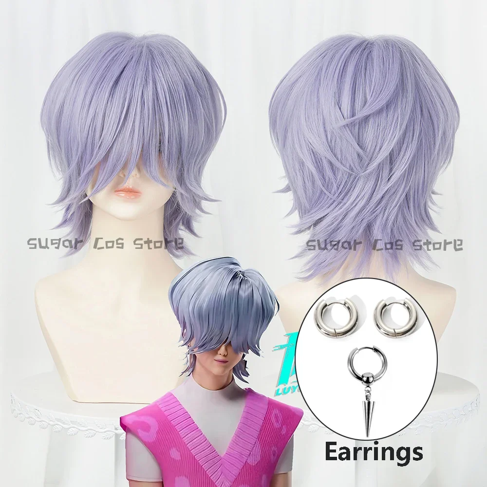 

Аниме фильм «Охотники на демонов» Saja Boy Mystery косплей парик серьги 38 см фиолетовый розовый микс синтетические волосы реквизит для Хэллоуина