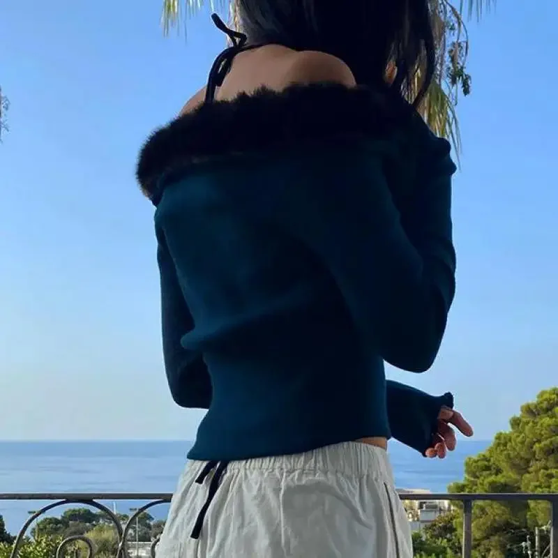 Autumn Long Sleeve Button Up Cropped Cardigan Women Off Shoulder Fur Collar Patchwork New Fairy Y2k Fashion Knitted Sweater Tops
