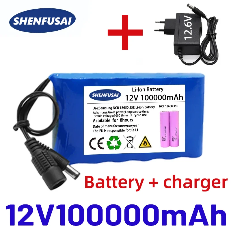 Original new portable 12V battery,100000mAh rechargeable lithium-ion 18650 battery pack, DC 12.6V charger, CCTV audio amplifier+