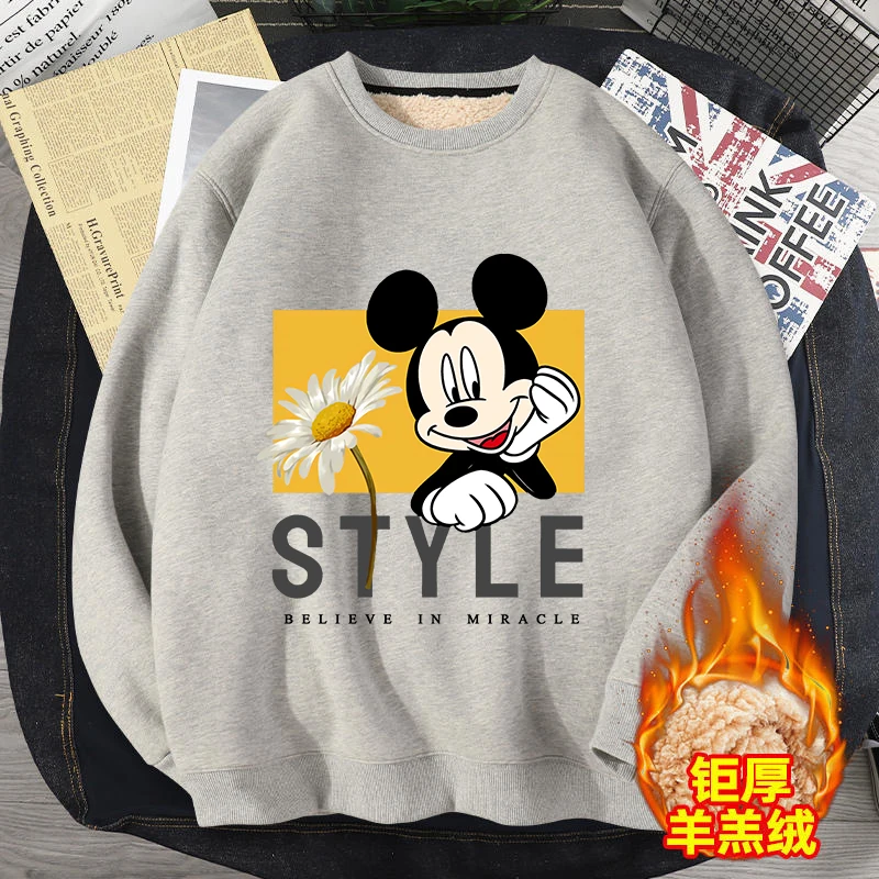 Mickey Minnie Mouse Sweatshirt Women Winter Thicken Crew Neck Sweatshirt Cartoon Printed Female Fleece Pullover Loose Sweater