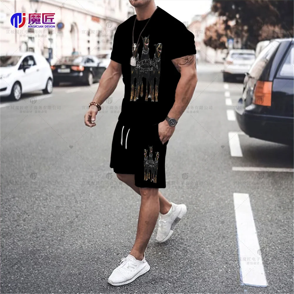 TIDESHEC Harajuku T-Shirt Set Men 2023 Summer Dog Letter Print T-Shirt and Shorts Hip Hop Street Loose Wash Top T-Shirt