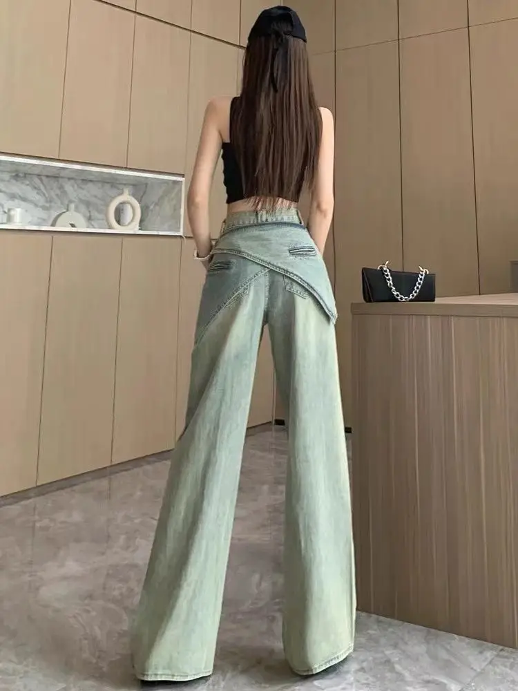 Damskie jesienno-zimowe nowe spodnie z odpinanym paskiem w talii, szerokie nogawki, styl amerykański, wysoki stan, retro jeansy streetwear