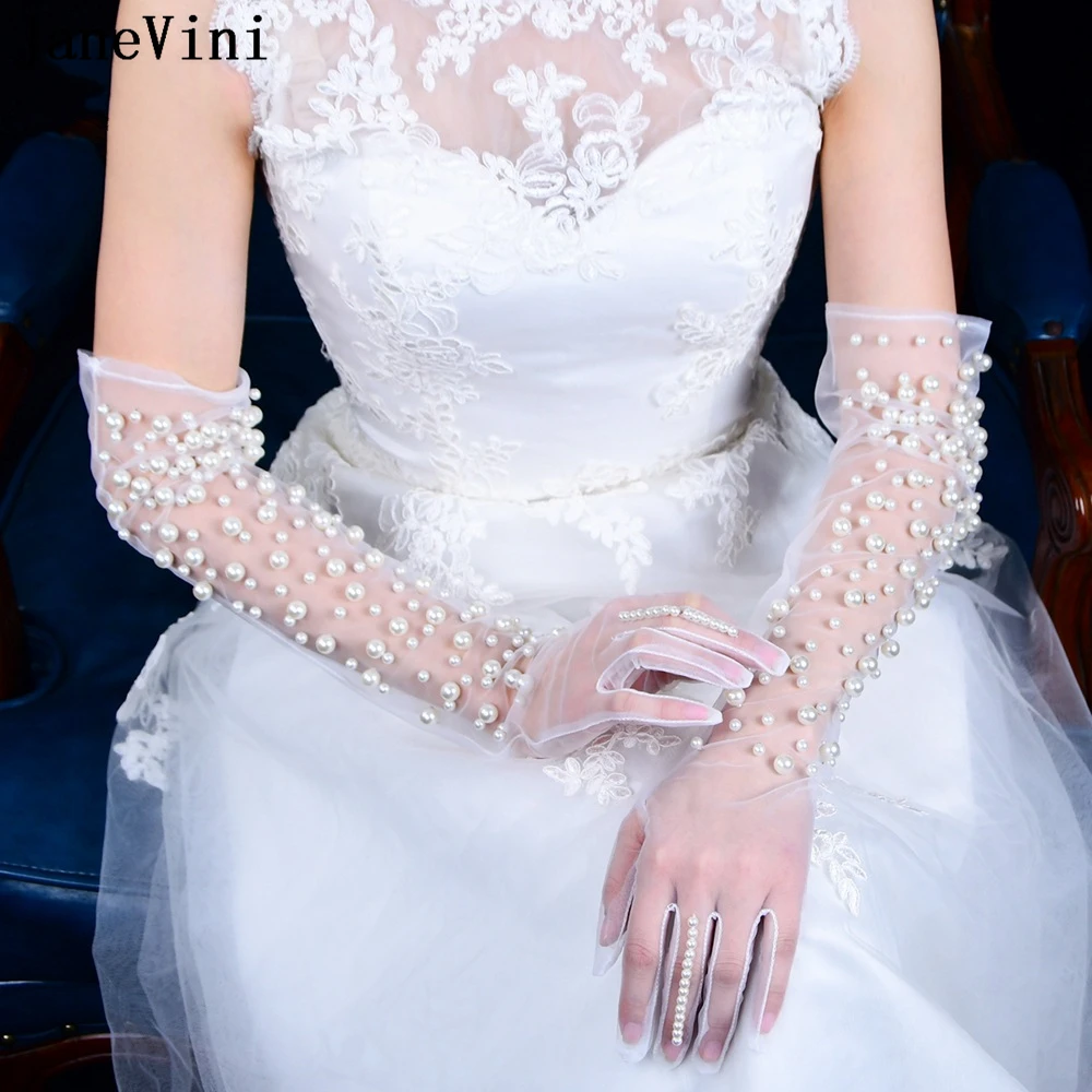 JaneVini Luxury Pearls Long Tulle Bridal Gloves Women Elegant Transparent Wedding Gloves Bride Elbow Length Party Hand Gloves