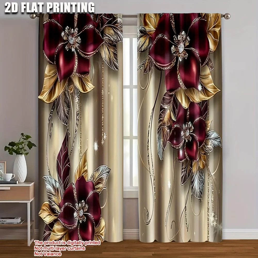 2D Flat 2pcs Luxury Curtains Burgundy Gold Flower Jewel Print Drape Elegant Bedroom Window Treatment Opulent Home Decor Panels