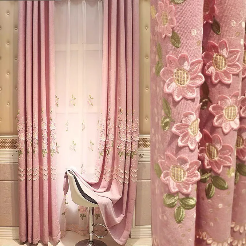 European Embossed Pink Girly Embroidered Blackout Curtains Romantic Cozy Decorative Window Drapes for Living Dining Room Bedroom