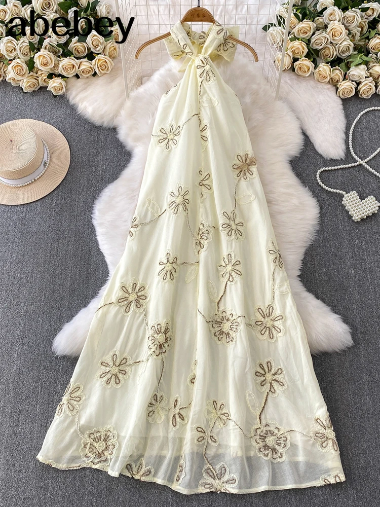 

Шикарное милое платье-комбинация с лямкой на шее, элегантное сетчатое бандажное модное платье с вышивкой, пляжное повседневное платье трапециевидной формы для отпуска, летние женские платья