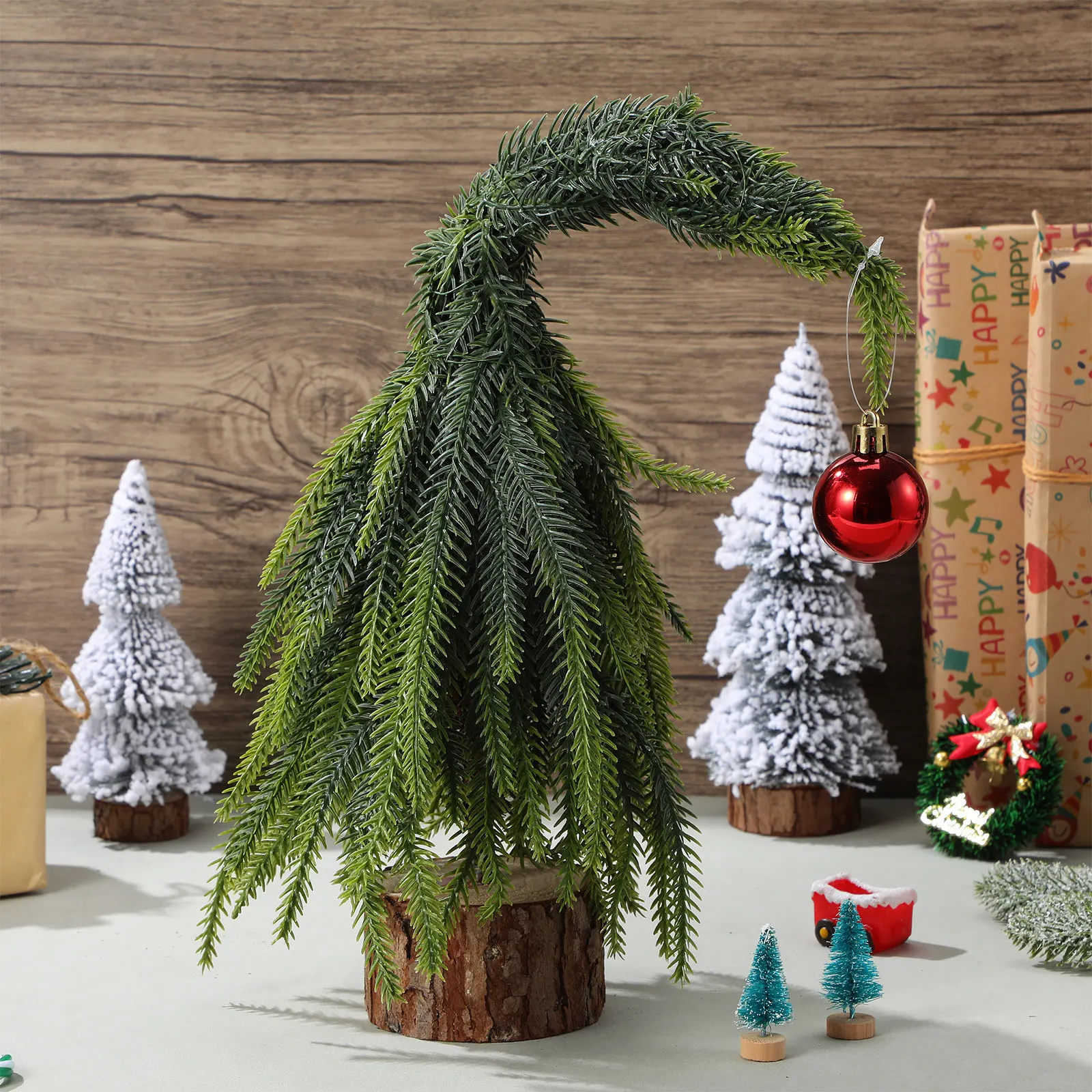 

2Pcs Mini Tabletop Christmas Tree Small Desk Decor Countertop Centerpiece Holiday Decoration Wooden Base Unique Twisted Neck