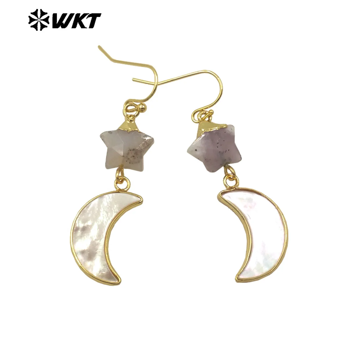 WT-MPE152 Lovely Design Natural Stone And Shell Earrings Star Moon Shape Charms Gold Electroplated For Ladies Jewelry Gift