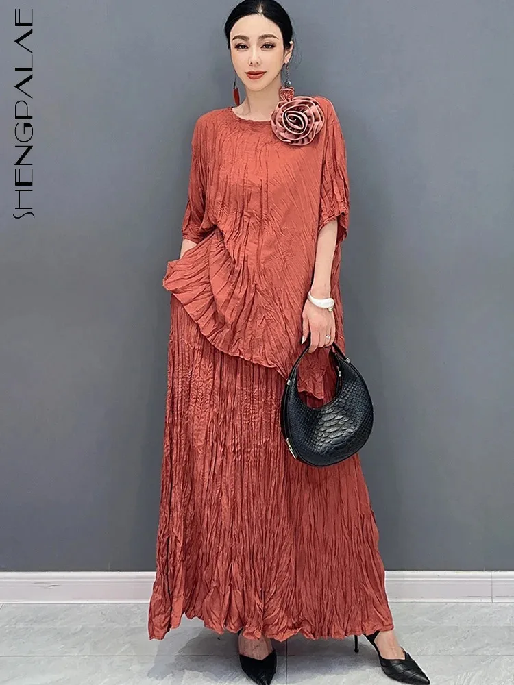 SHENGPALAE O-Neck Half Sleeve Shirt And Long Skirt 2024 Summer New 2 Piece Set Loose Comfortable Fashion Elegant Clothes 5R9700