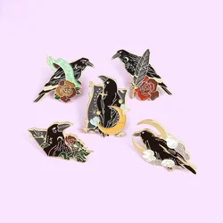 Solitude Gothic Crow Enamel Pins Black Bird Pink Flower Badge Brooch Denim Lapel Pins Gift for Friend Free Shipping