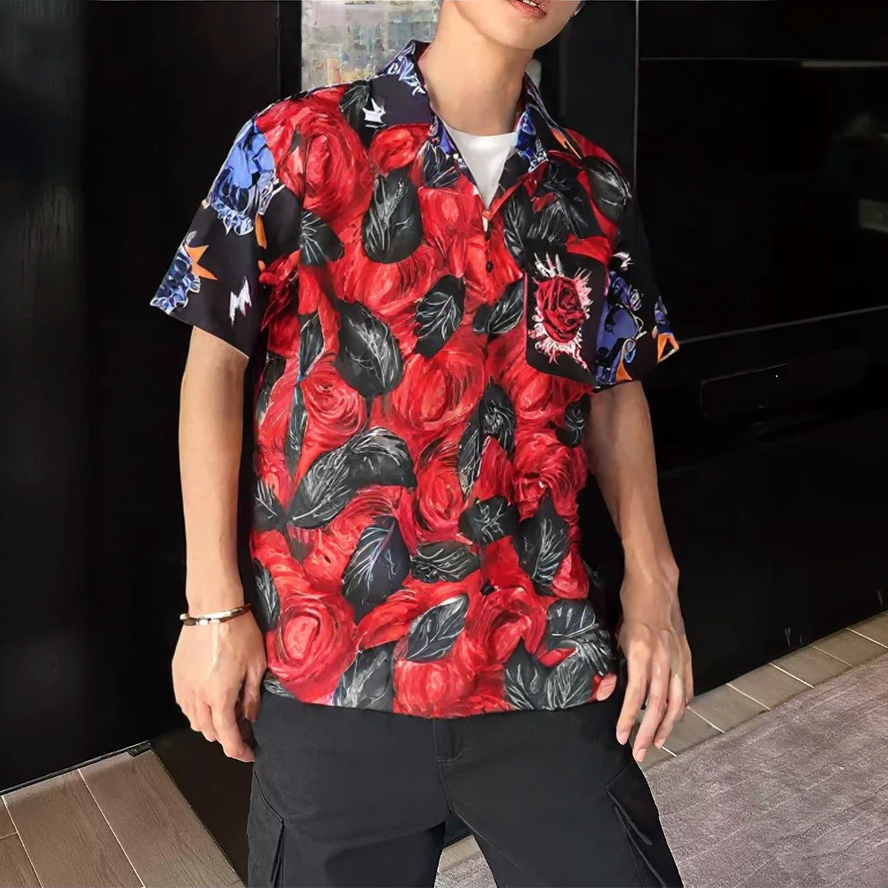 

Summer new style Hawaiian casual men's shirt, fashionable 3D full-body claw rose print, street casual men's top, interesting hol