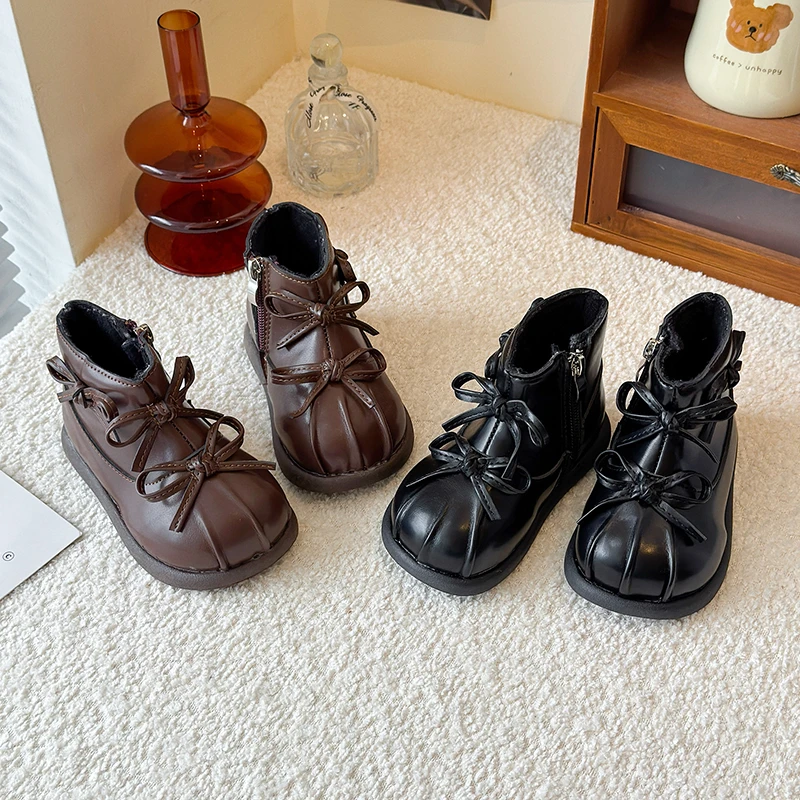

Cute Girls Princess Boots with Simple Bows Kids Ankle Boots Soild Color 2025 Winter New Children Leather Boots with Side Zipper